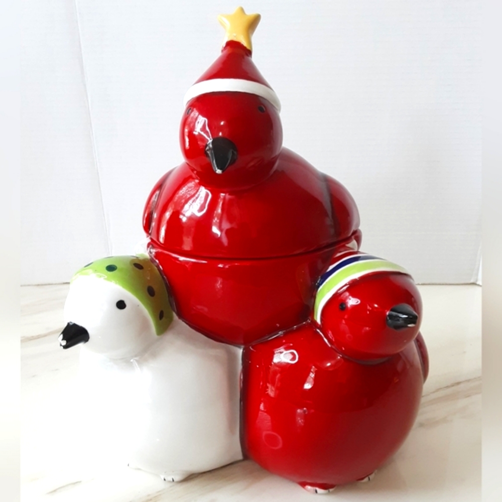 Oneida Frosty Feathers Ceramic Holiday Snowbirds Cookie Jar